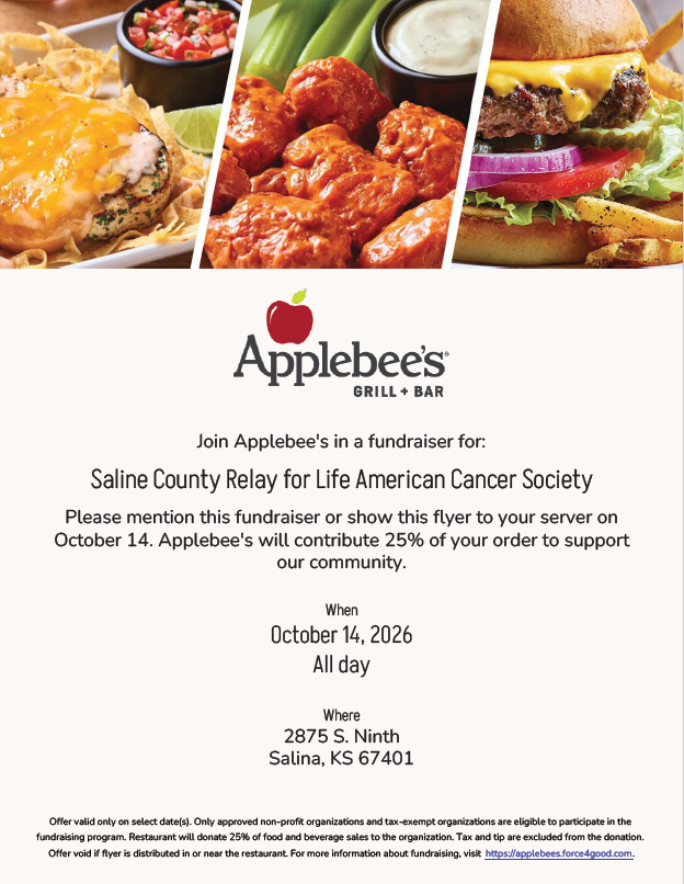 Wednesday 10/14 - Applebee's Fundraiser for Relay For Life!