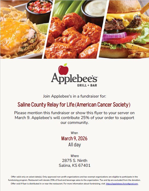 Monday 3/9 - Applebee's Fundraiser for Relay For Life!