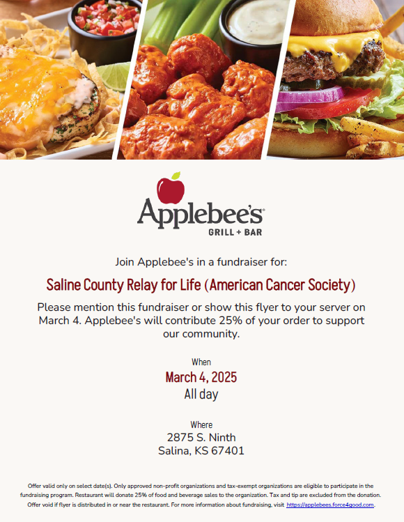 Tuesday 3/4 - Applebee's Fundraiser for Relay For Life!