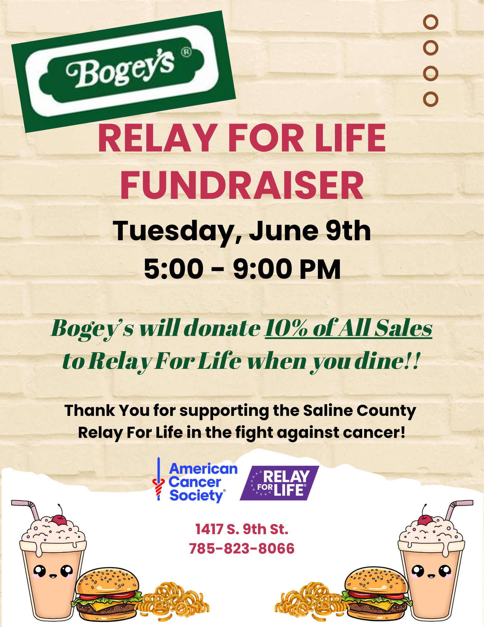 Tuesday 6/9 (5-9 PM) - Bogey's Fundraiser for Relay For Life!!