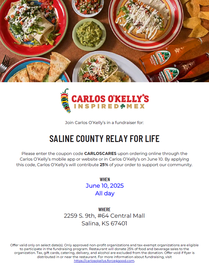 Tuesday 6/10 – Carlos O'Kelly's Fundraiser for Relay For Life!