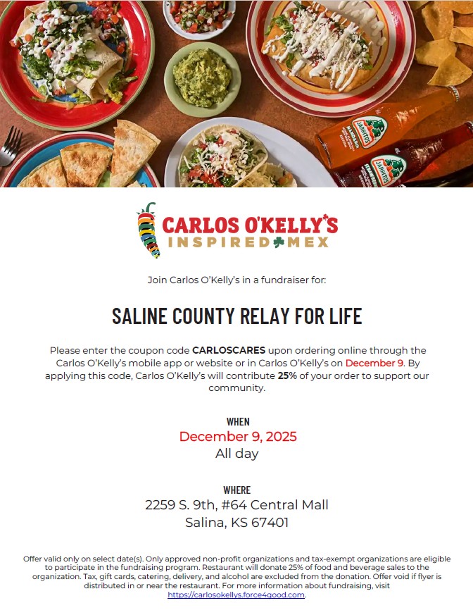 Tuesday 12/9 – Carlos O'Kelly's Fundraiser for Relay For Life!