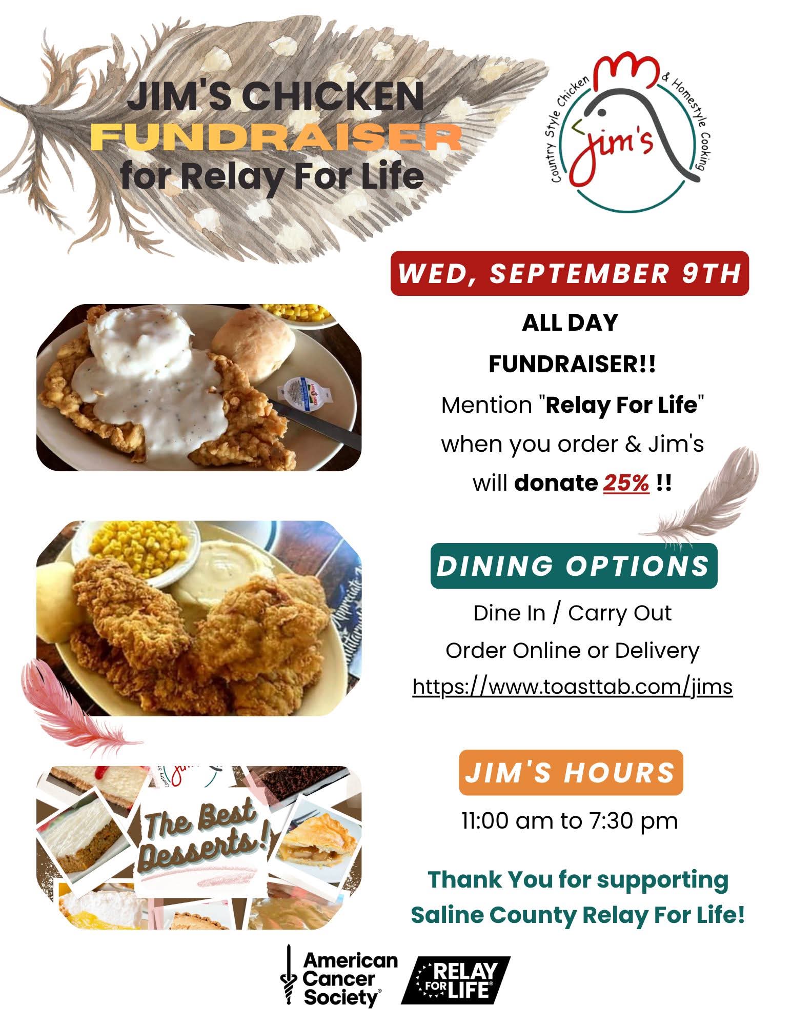 Wednesday 9/9 - Jim's Chicken Fundraiser for Relay For Life!