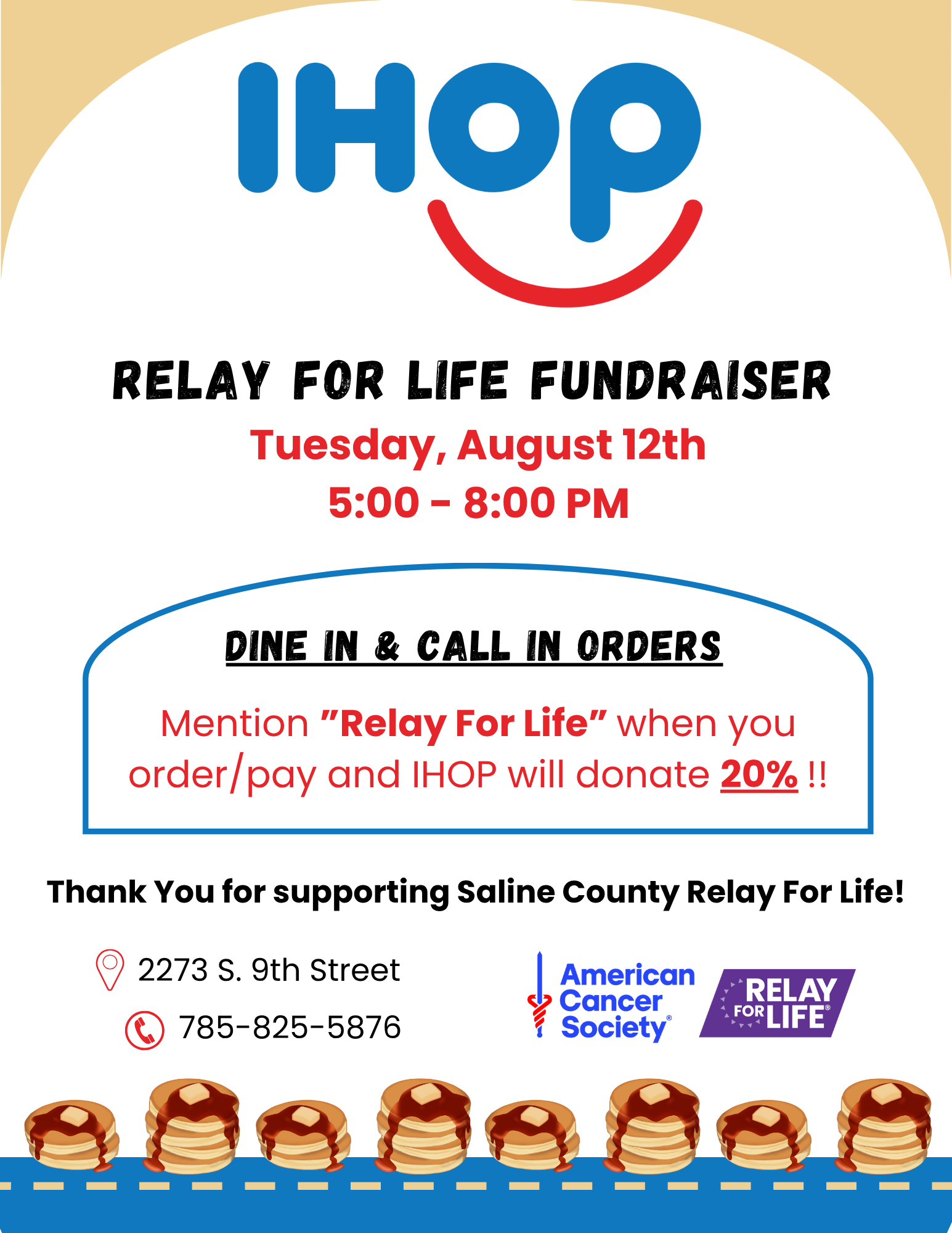 Tuesday 8/12 - IHOP Fundraiser for Relay For Life!