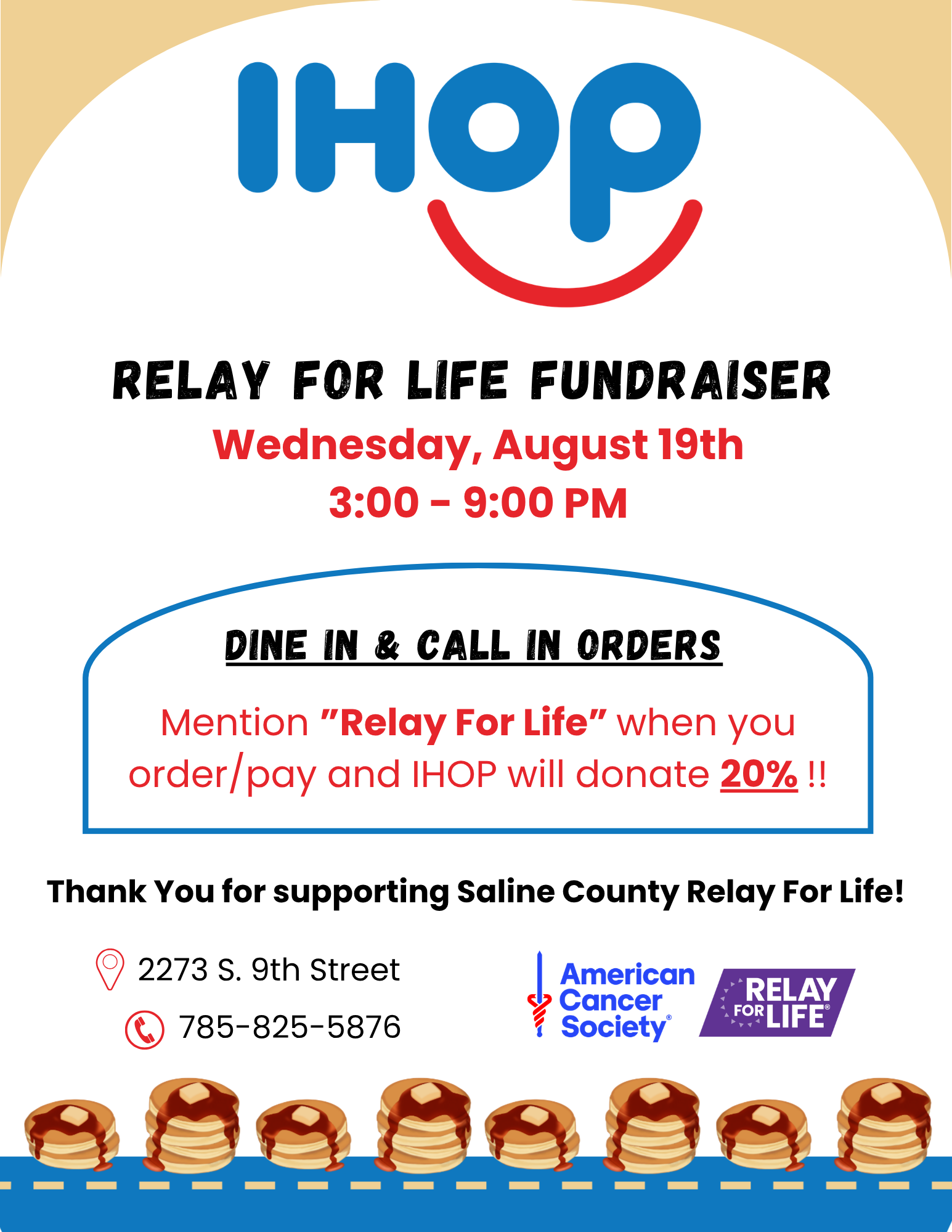 Wed 8/19 - IHOP Fundraiser for Relay For Life!
