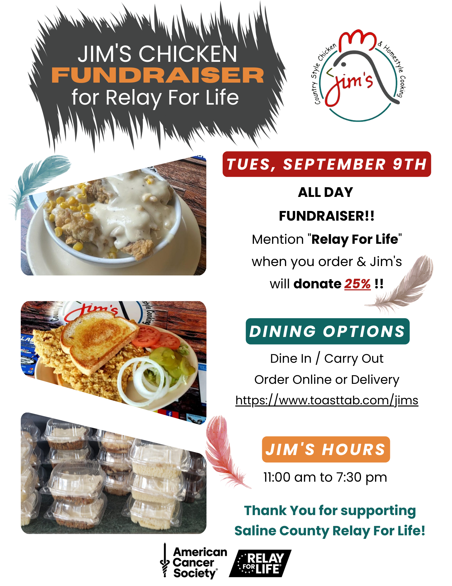 Tuesday 9/9 – Jim’s Chicken Fundraiser for Relay For Life!