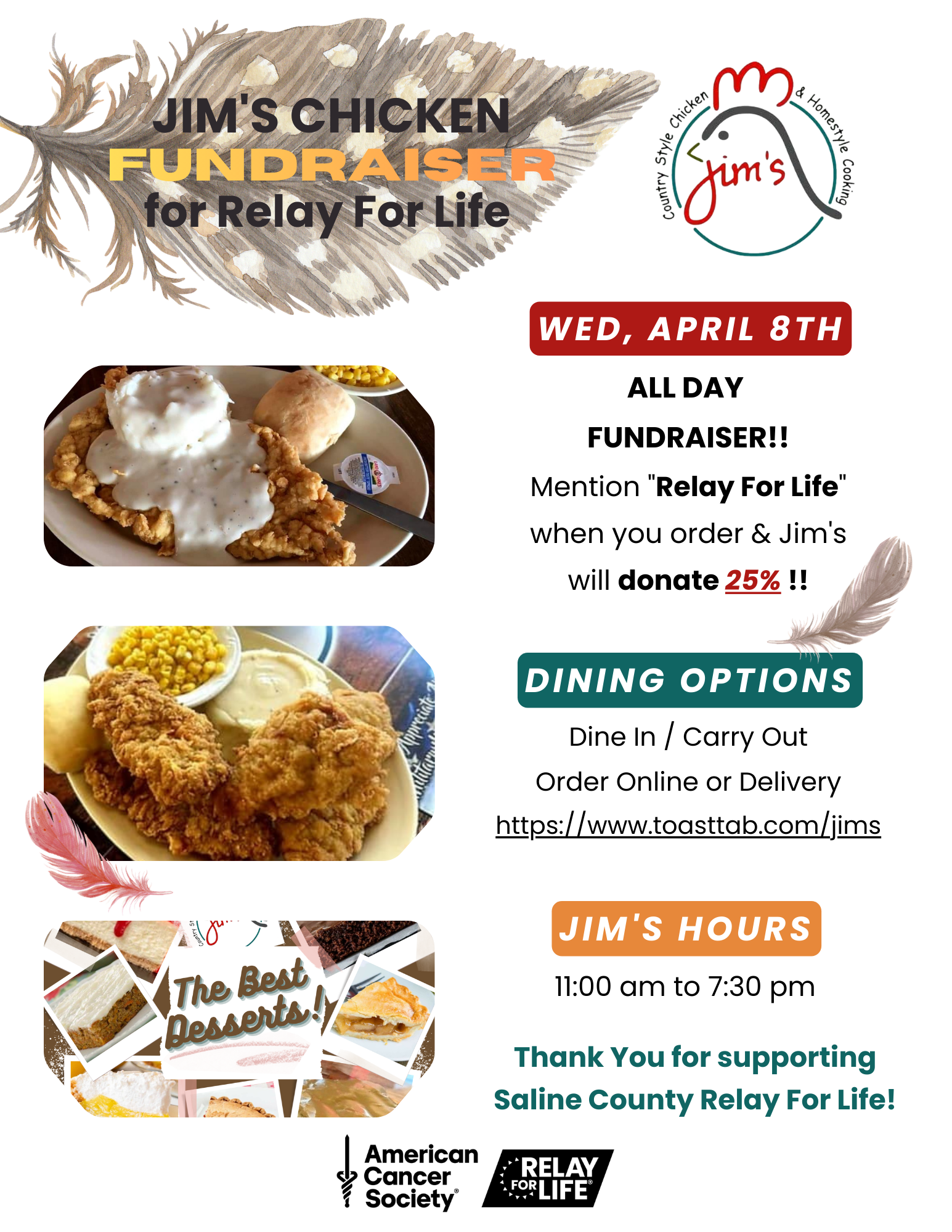 Wednesday 4/8 - Jim's Chicken Fundraiser for Relay For Life! 