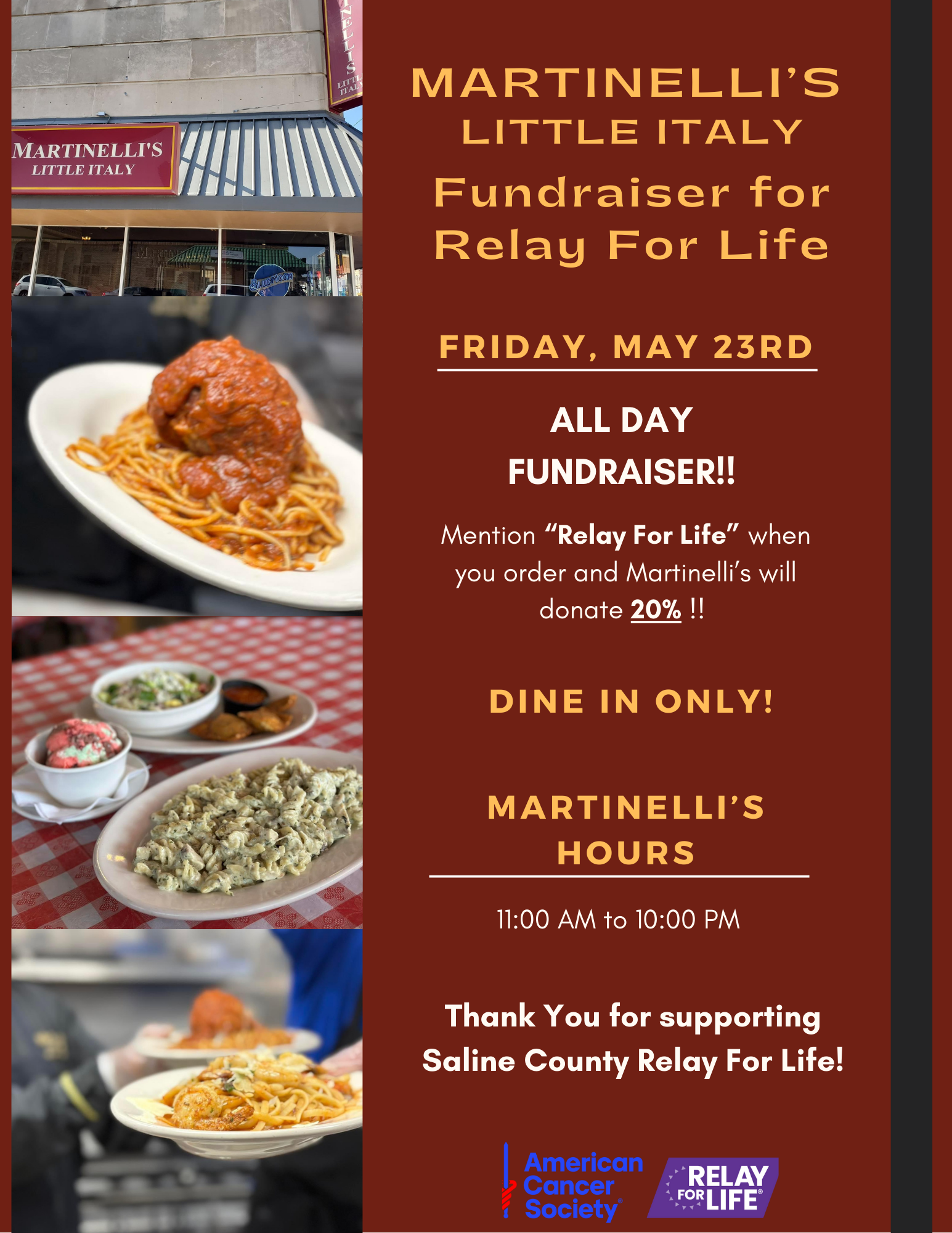 Friday 5/23 - Martinelli's Fundraiser for Relay For Life!