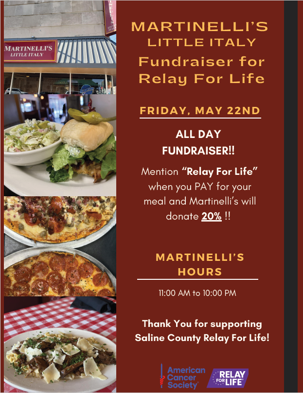 Friday 5/22 - Martinelli's Fundraiser for Relay For Life!!