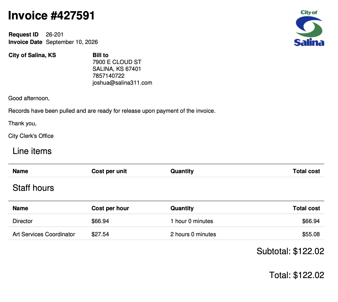 Salina311 paid the City of Salina to obtain the public records used in this report. The invoice shown reflects the cost charged to access those records.