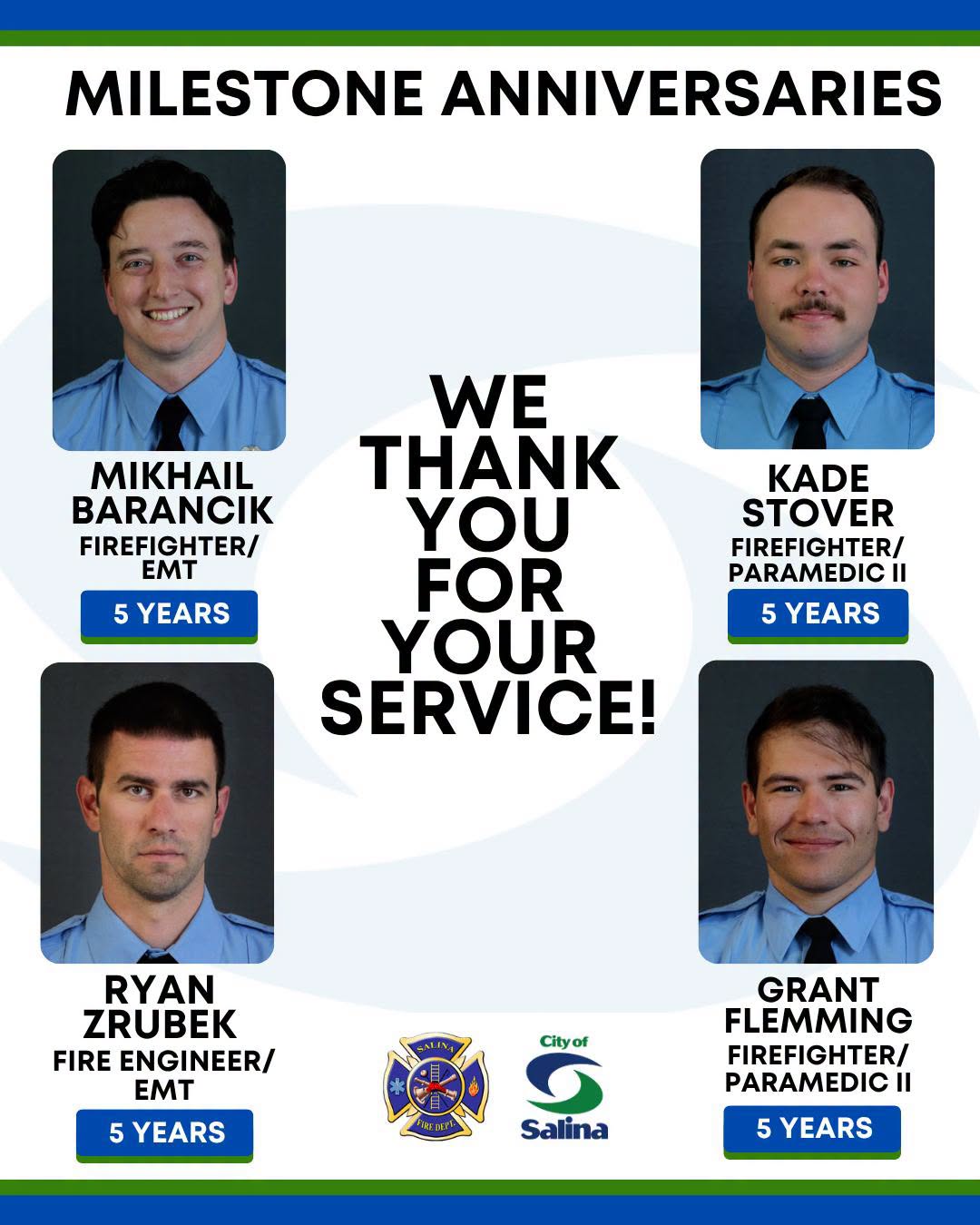 Four Salina Fire Department Employees Reach Service Milestones