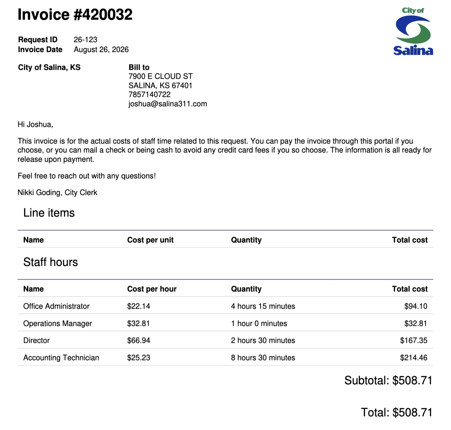 City of Salina Invoice Shows $508.71 Cost to Obtain River Festival Records