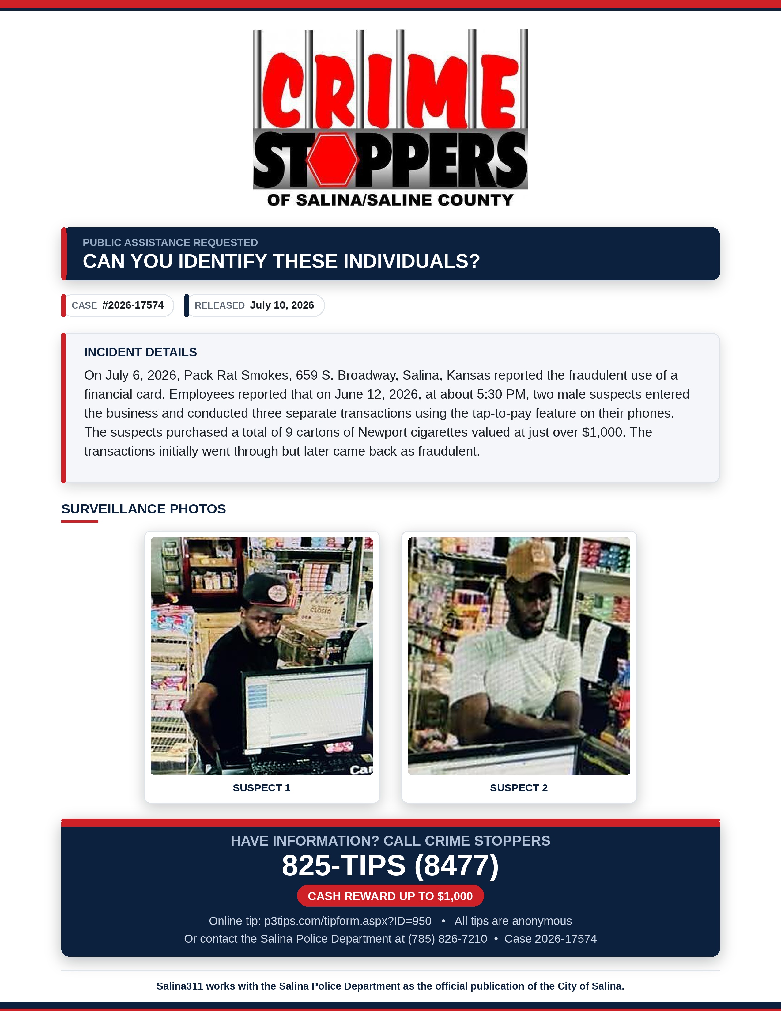 Crime Stoppers: Fraudulent Use of a Financial Card at Pack Rat Smokes 
