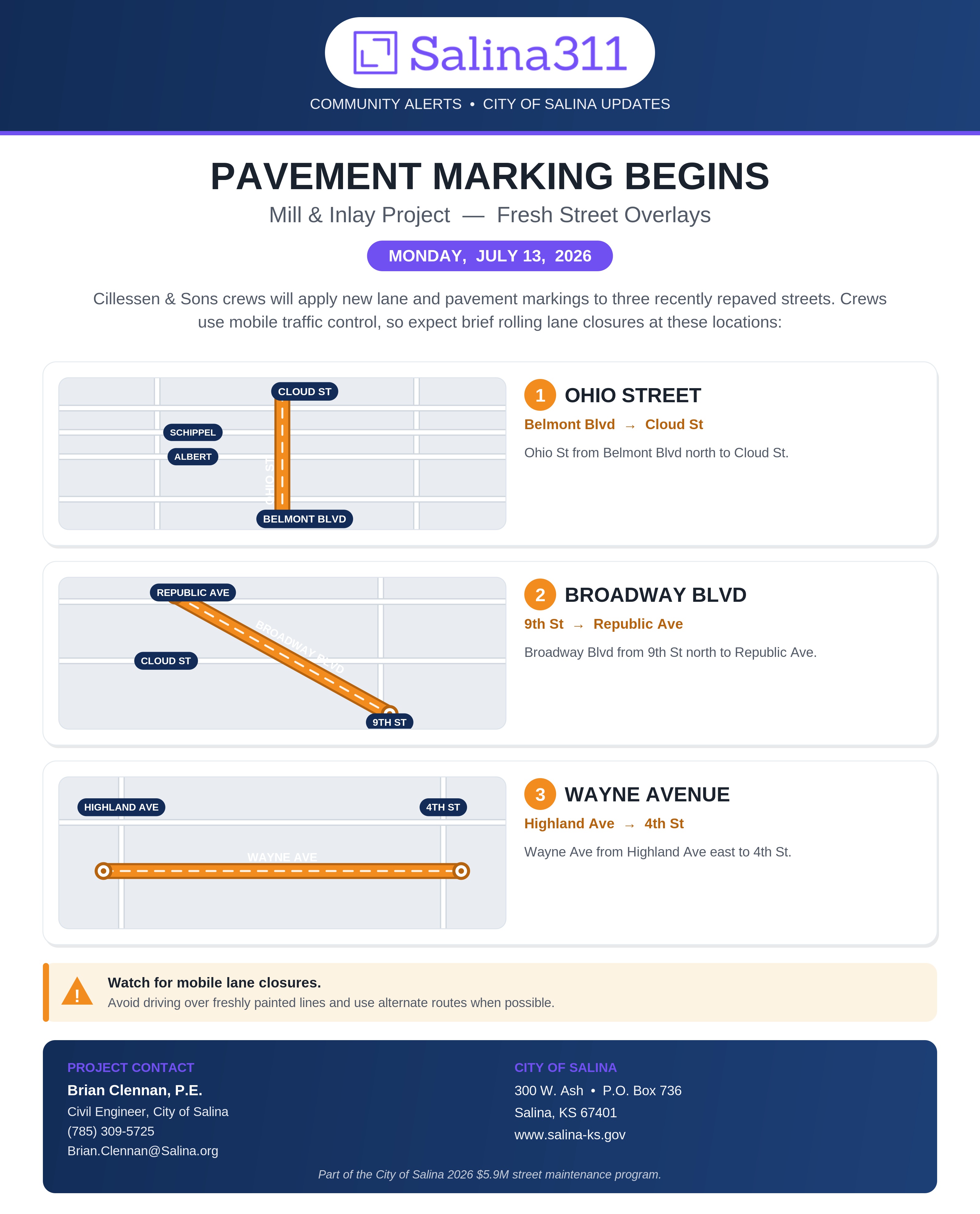July 13th Pavement Marking Begins: Ohio, Broadway, and Wayne