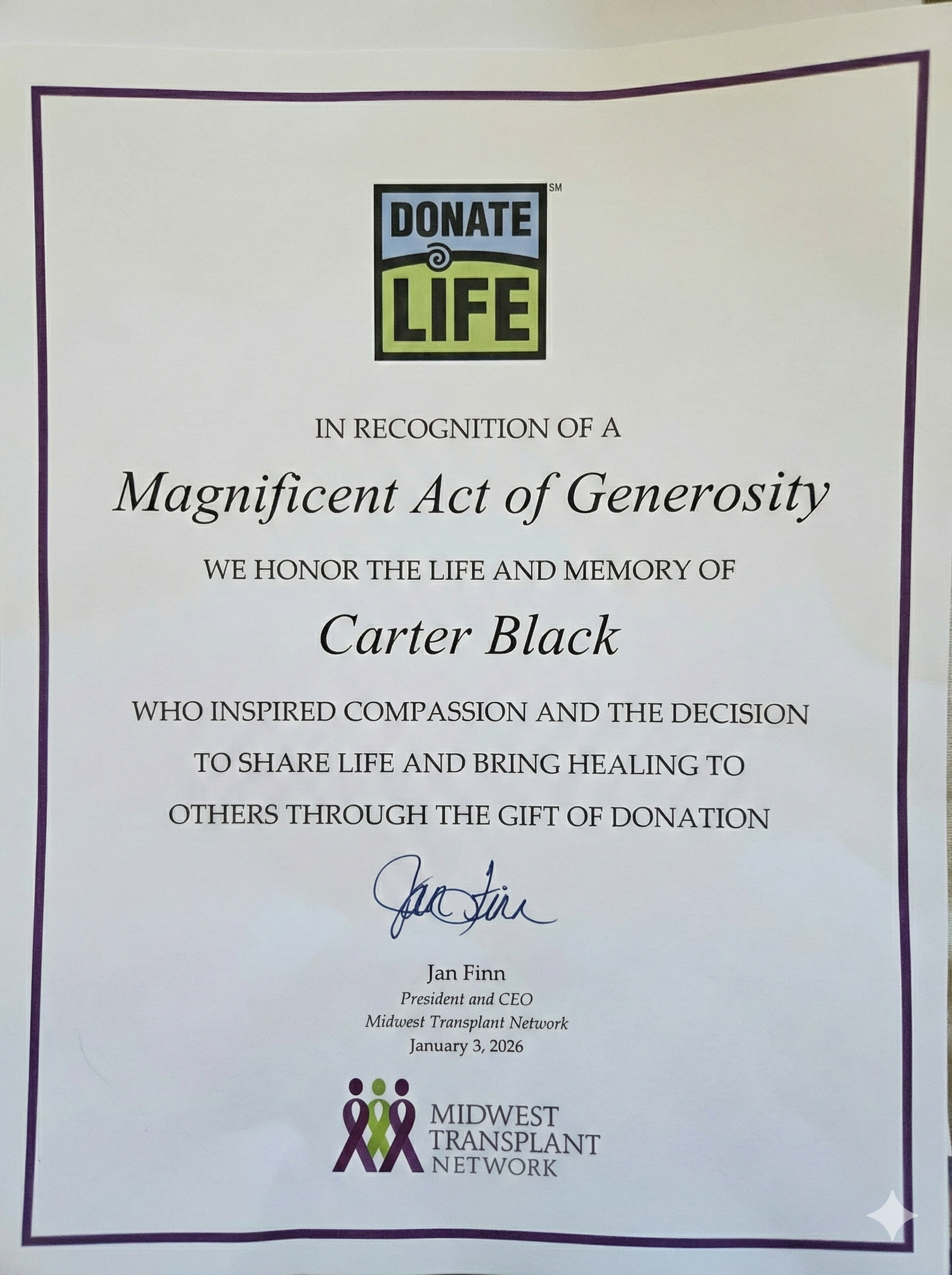 Interview with Heidi Black: Carter’s Organ Donation Saved Three Lives, Family Receives Letter From Kidney Recipient