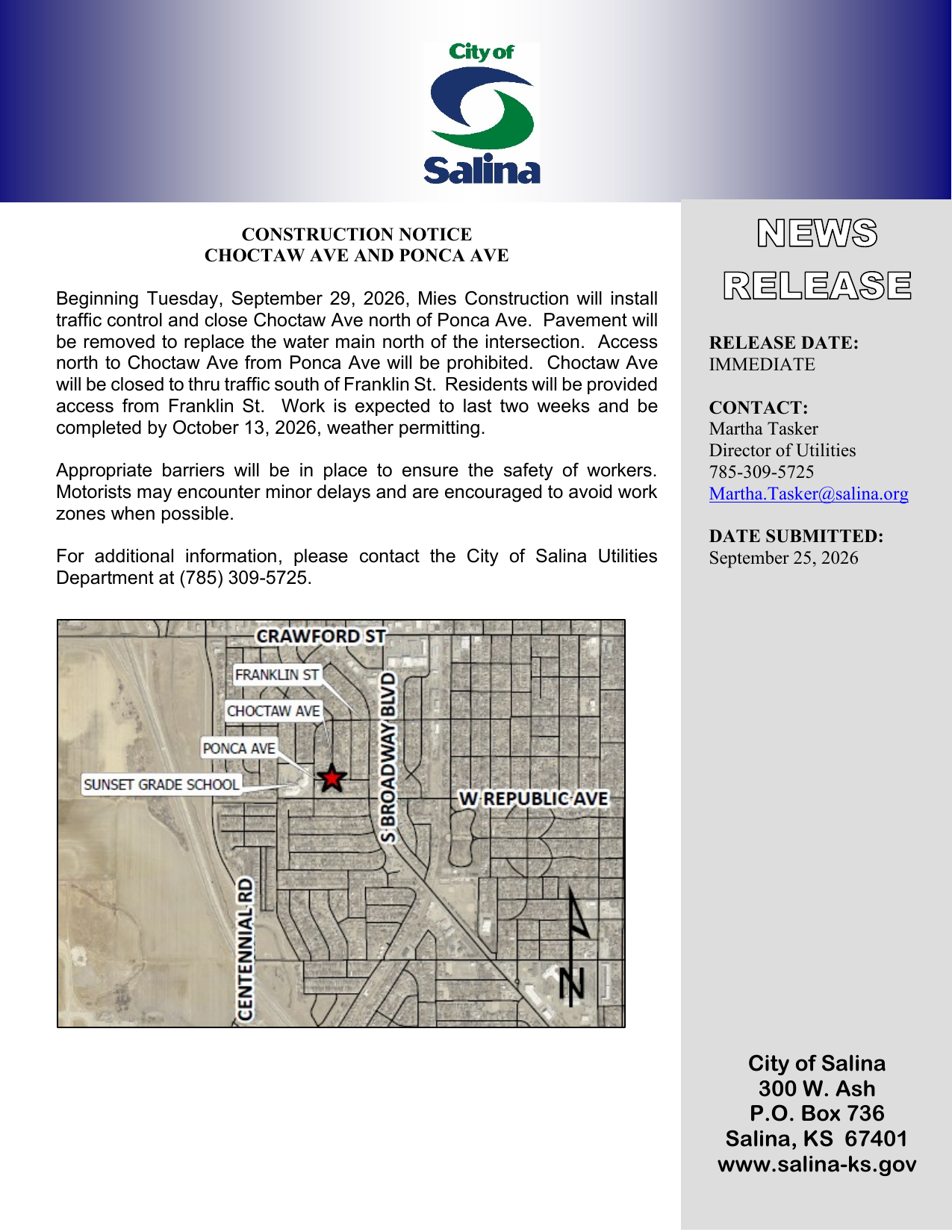 Choctaw Ave closed north of Ponca for water main work starting Sept. 29