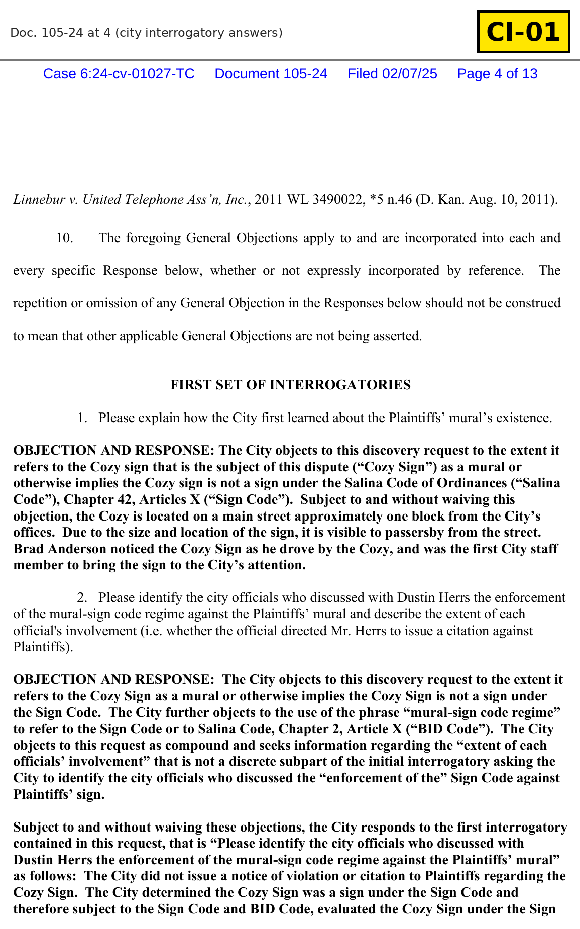 Document CI-01: The city's sworn interrogatory answer naming Brad Anderson as the first city staff member to bring the display to the city's attention. Doc. 105-24 at 4