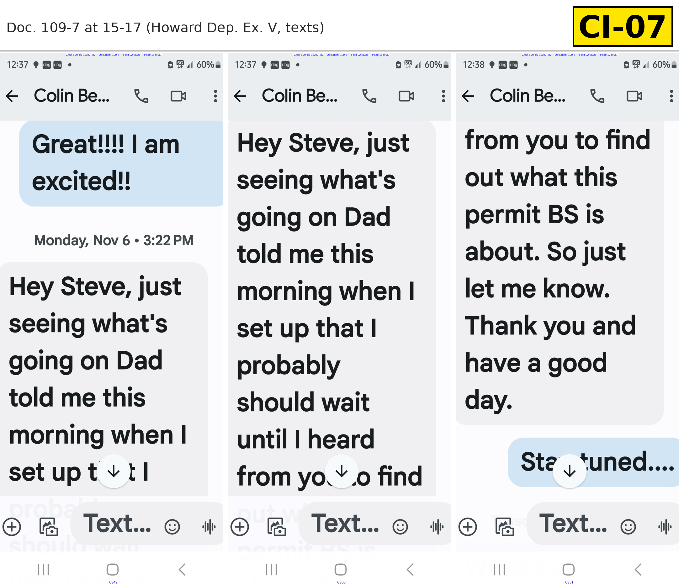 Document CI-07: Benson's Nov. 6, 2023, 3:22 p.m. text to Howard about "this permit BS," from screenshots the city filed. Doc. 109-7 at 15-17