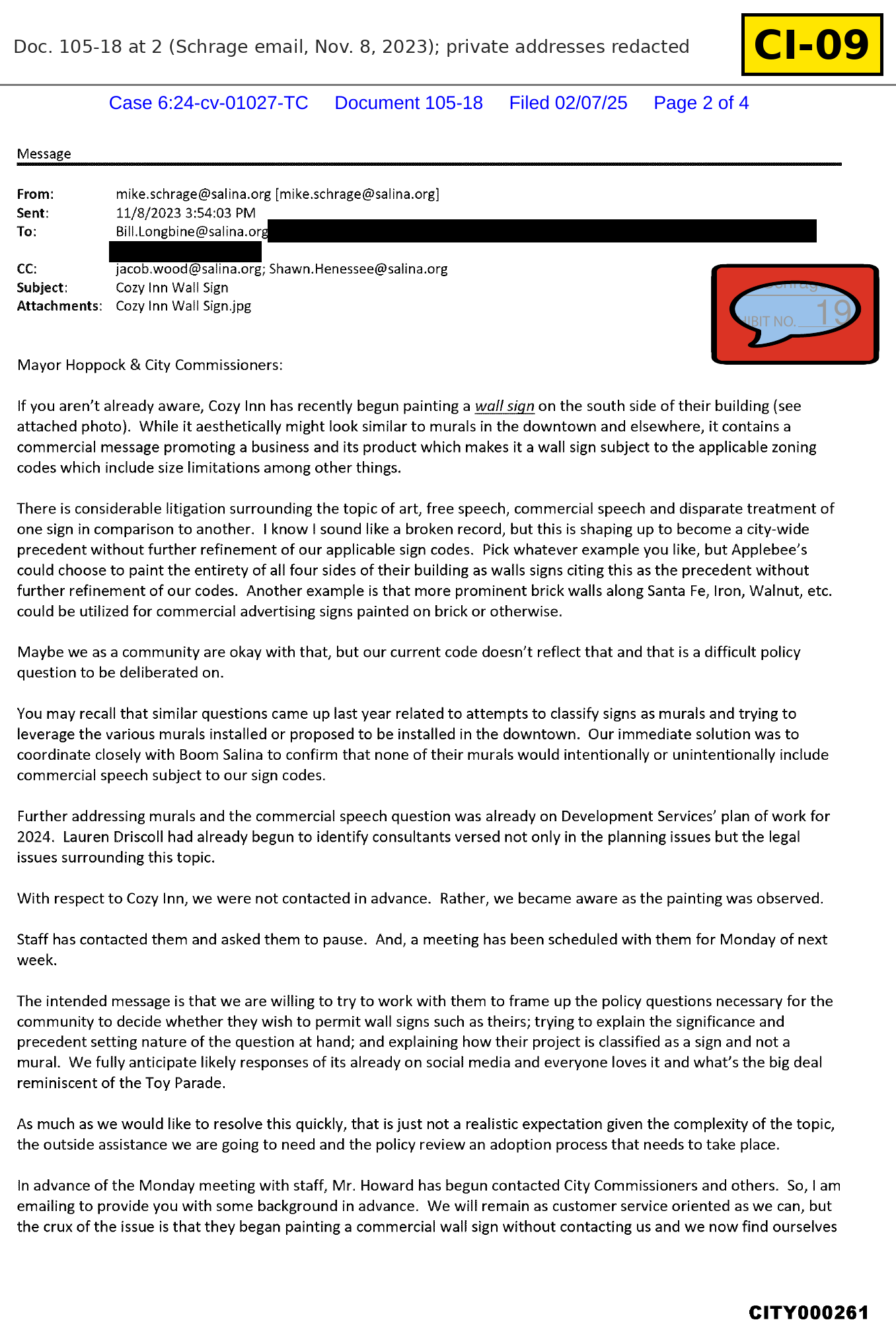 Document CI-09: Schrage's Nov. 8, 2023, email to the mayor and commissioners, with private email addresses redacted. Doc. 105-18 at 2