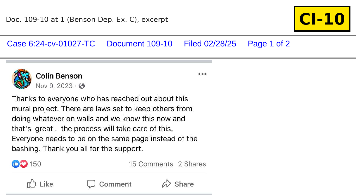 Document CI-10: Benson's Nov. 9, 2023, social media post, an exhibit to his deposition. Doc. 109-10 at 1