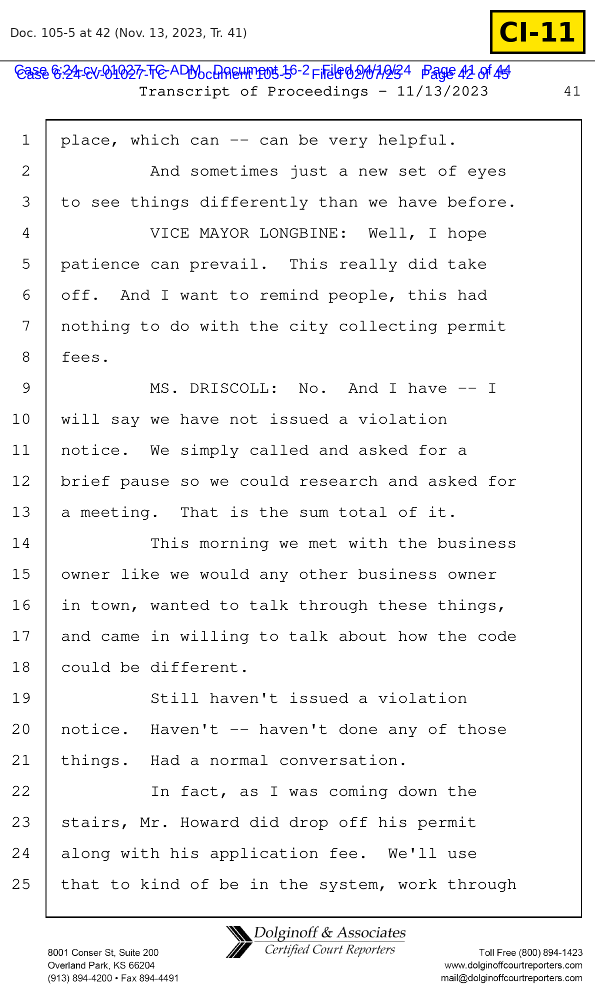 Document CI-11: Nov. 13, 2023, commission transcript: "we have not issued a violation notice" and Howard's permit drop-off. Doc. 105-5 at 42