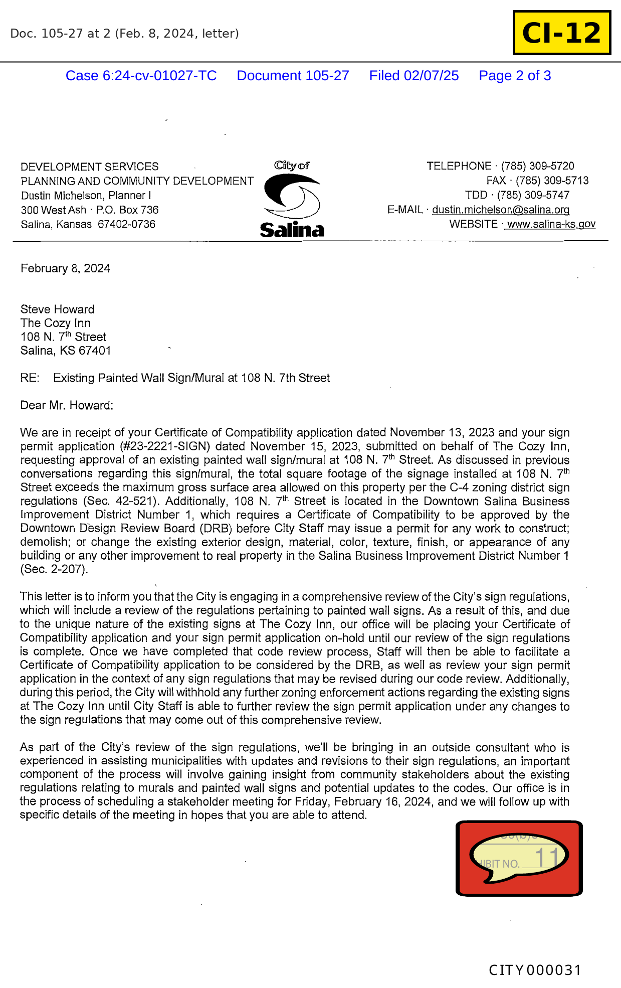 Document CI-12: The city's Feb. 8, 2024, letter to Howard placing his applications on hold. Doc. 105-27 at 2