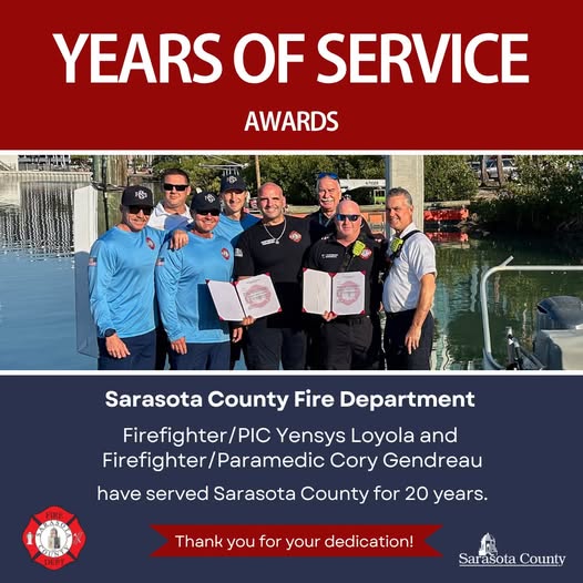 Two Sarasota County Fire Department Members Honored for 20 Years of Service
