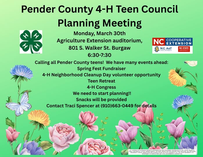 Pender County 4-H Teen Council to Hold Planning Meeting March 30