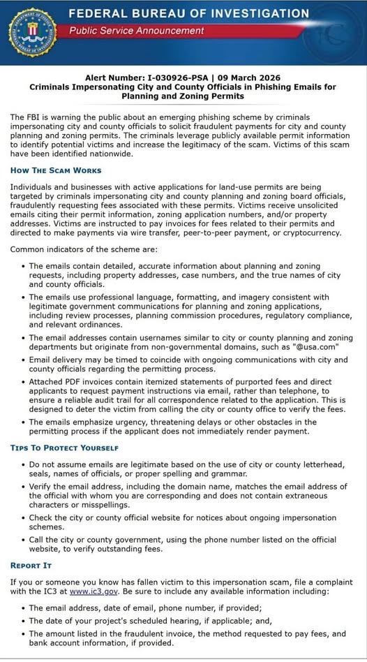 FBI Warns of Phishing Emails Impersonating Local Government Officials