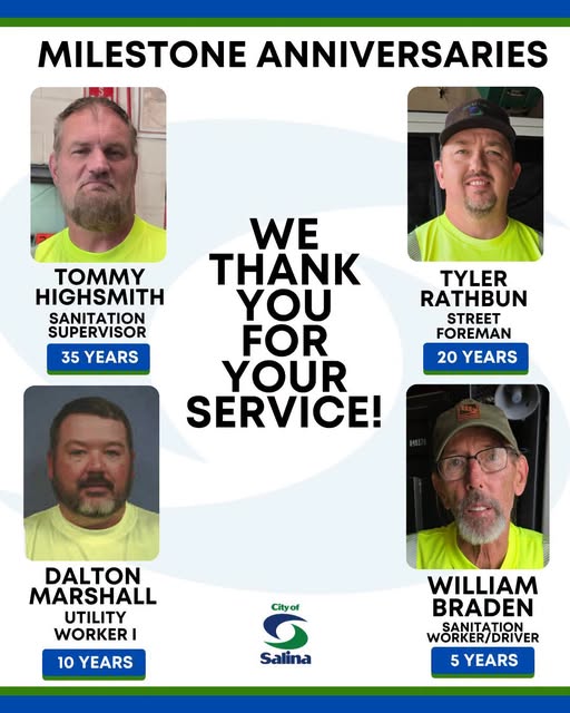 Four City of Salina Employees Recognized for Service Milestones