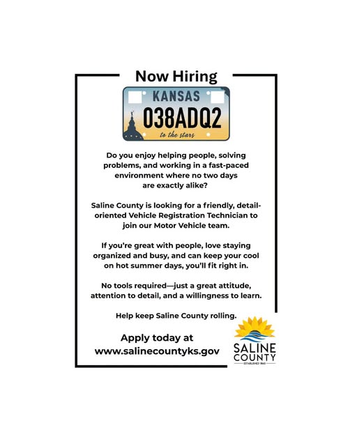 Saline County Accepting Applications for Vehicle Registration Technician