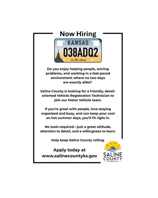 Saline County Accepting Applications for Vehicle Registration Position