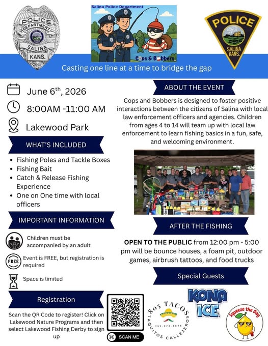Salina Police Department to Host Annual Cops & Bobbers Event at Lakewood Park