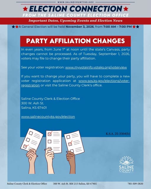 Saline County voters may change party affiliation starting Sept. 1