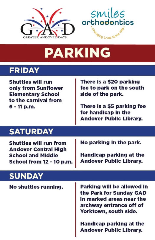 Andover Parks details Greater Andover Days parking and shuttle changes by day