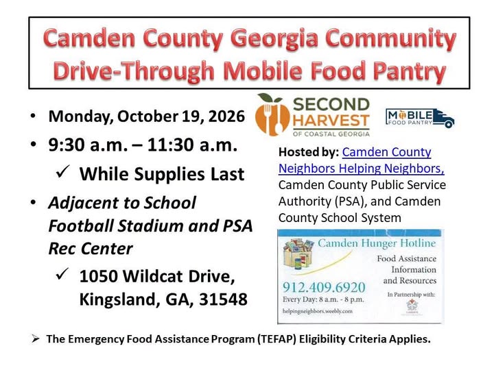 Camden County drive-through mobile food pantry set for Oct. 19 in Kingsland