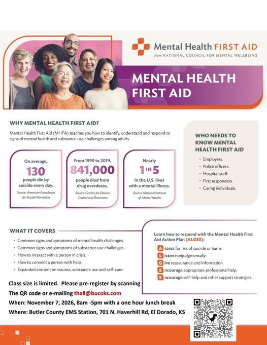Butler County EMS offers Mental Health First Aid course Nov. 7 in El Dorado