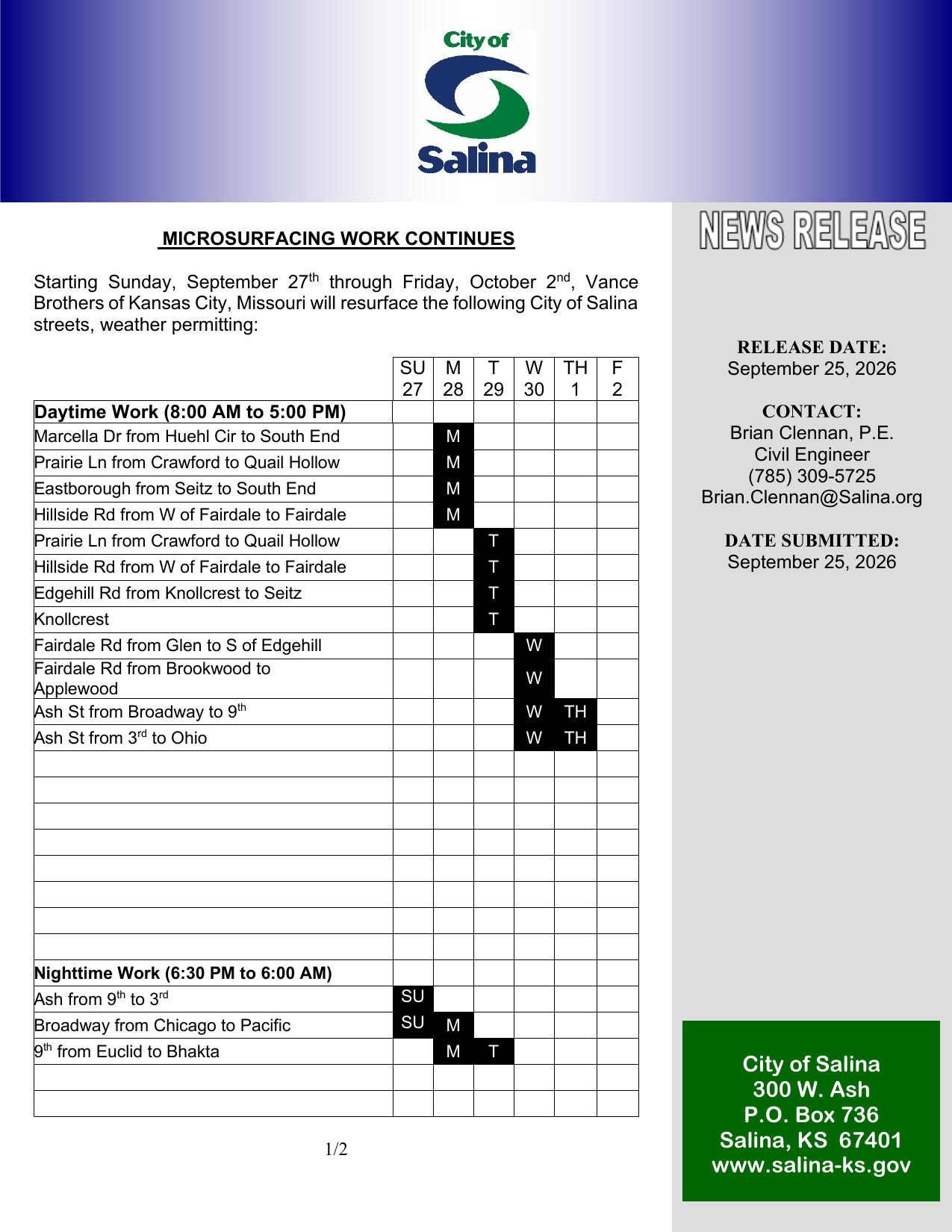 Microsurfacing continues on Salina streets through Oct. 2