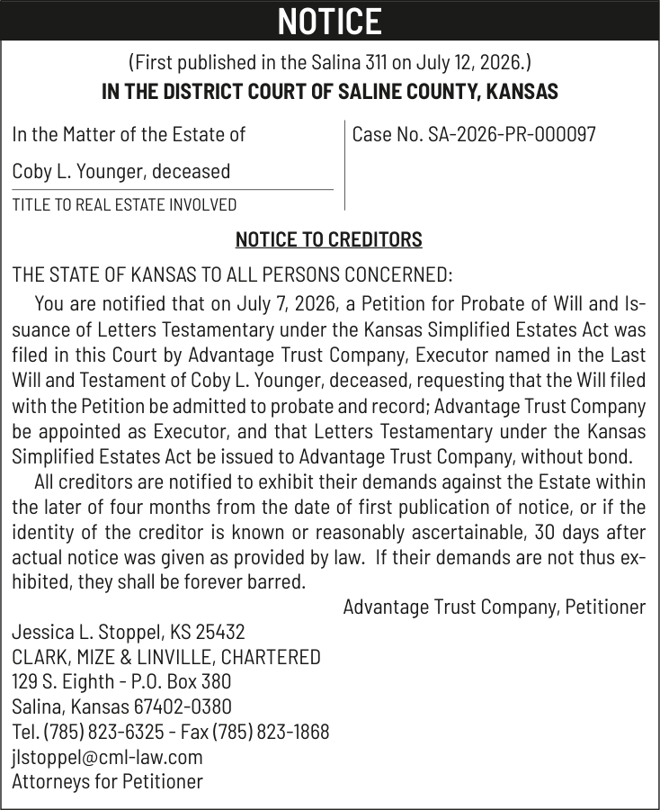 Public notice 904 Younger published in Salina311 Newspaper July 19