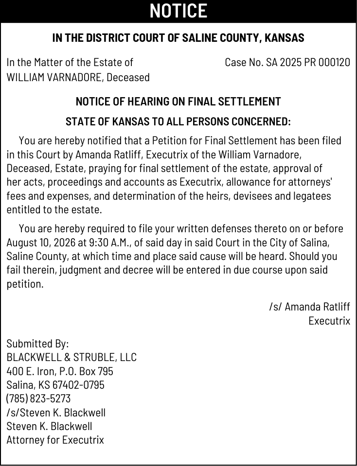 Public notice 909 William Varnadore published in Salina311 Newspaper July 15
