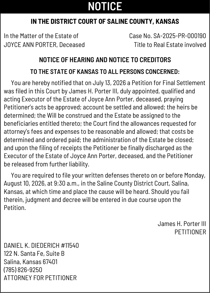 Public notice 911 Porter published in Salina311 Newspaper July 15