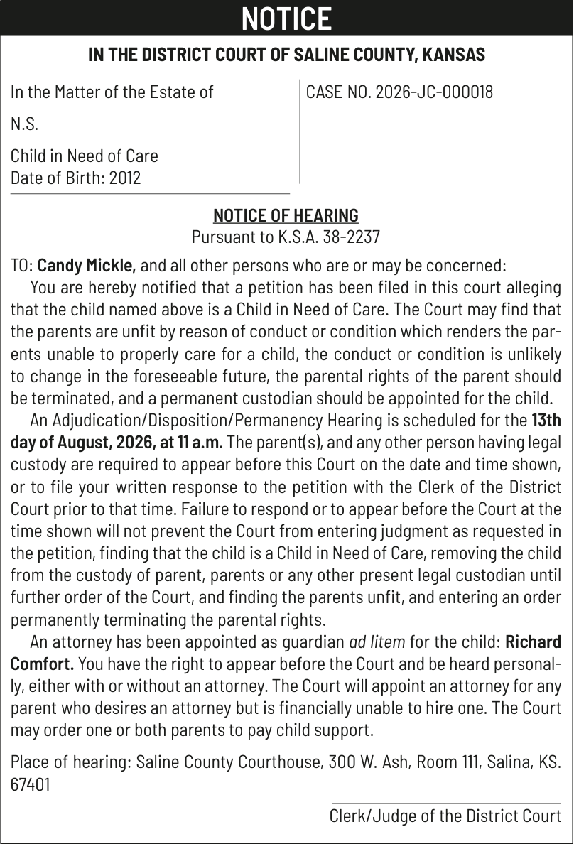 Public notice 908 N.S. 26JC18 published in Salina311 Newspaper July 22