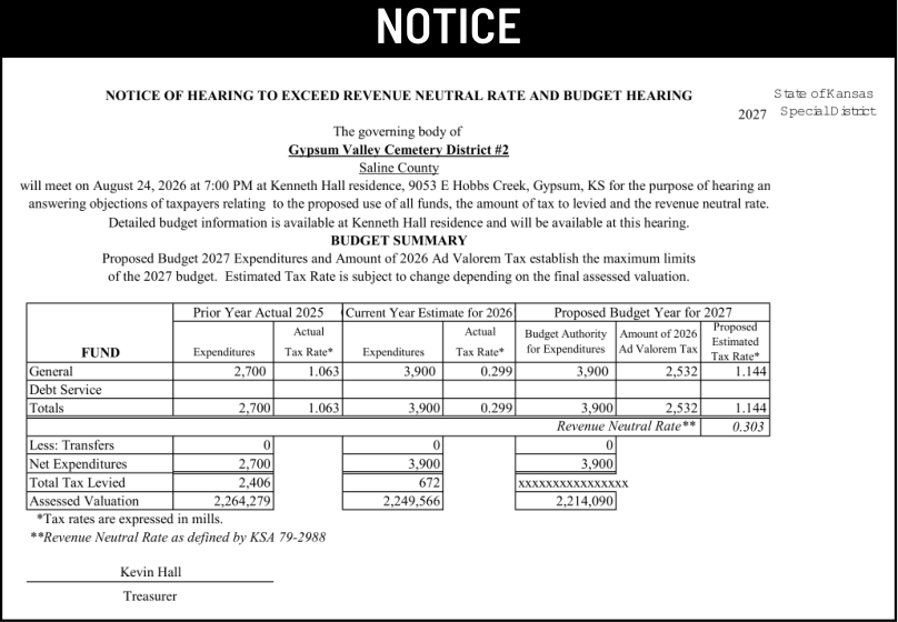 Public notice 913 Gypsum Cemetery #2 published in Salina311 Newspaper July 22