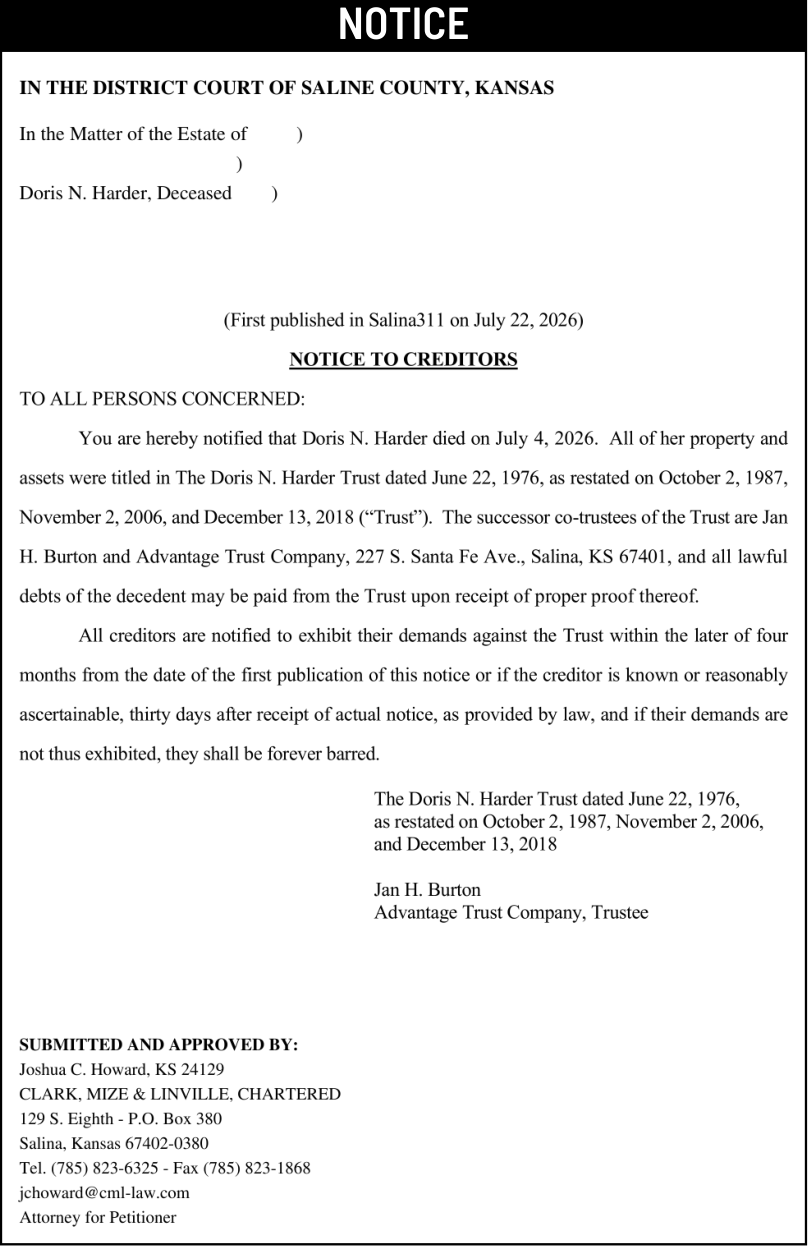 Public notice 914 Notice to Creditors published in Salina311 Newspaper July 22