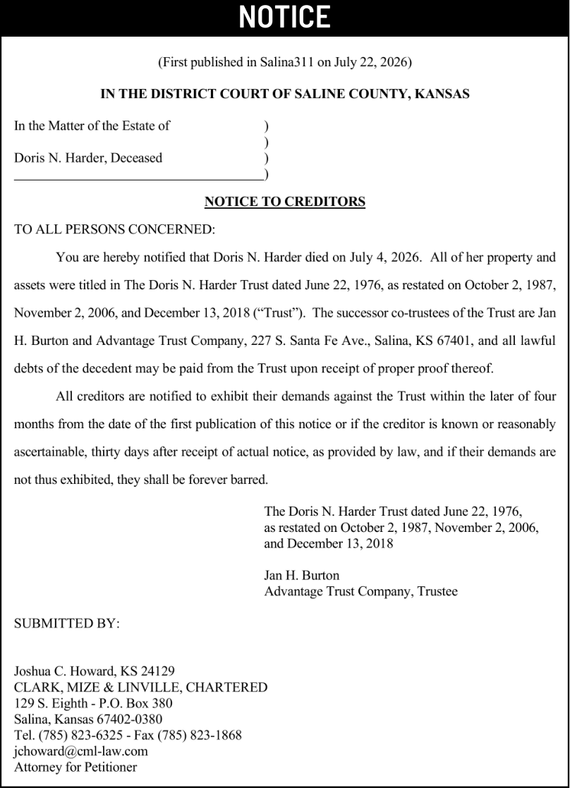 Public notice 917 Notice of Creditors published in the Salina311 Newspaper on August 5, 2026, page 1