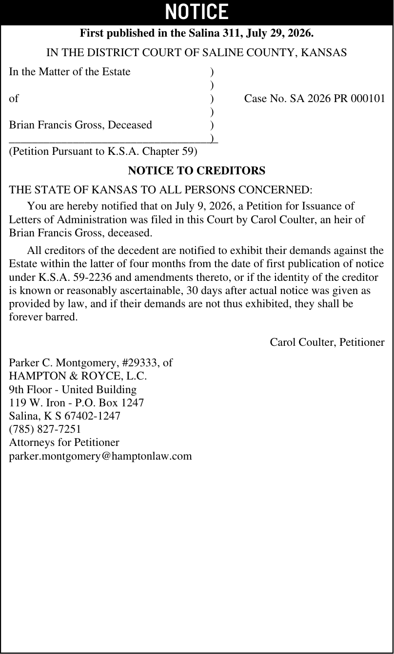 Public notice 922 Brian Gross published in the Salina311 Newspaper on August 5, 2026, page 1