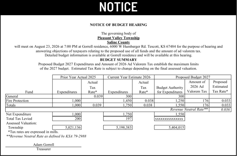 Public notice 926 Pleasant Valley Twp published in the Salina311 Newspaper on August 5, 2026, page 1