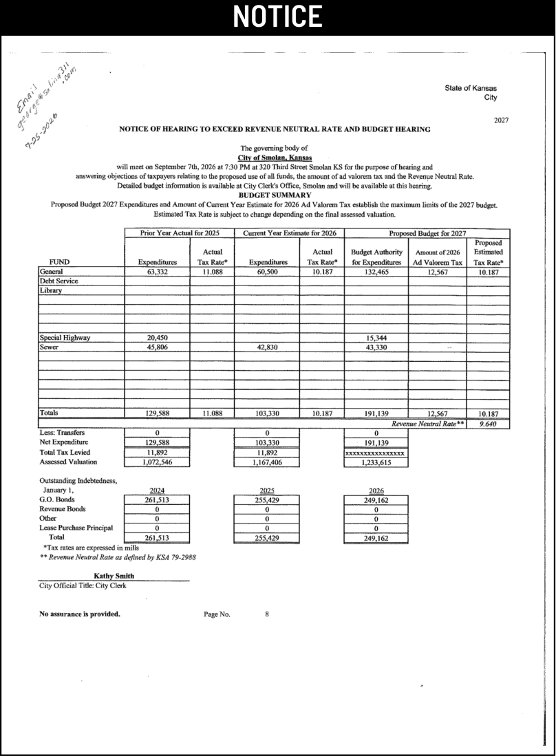 Public notice 927 Smolan published in the Salina311 Newspaper on August 5, 2026, page 1