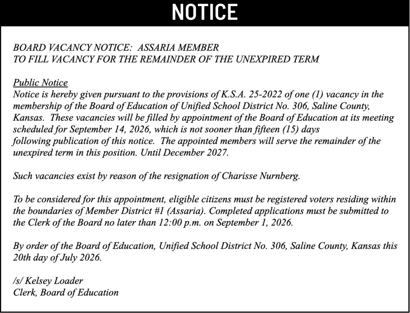 Public notice 929 Notice of vacancy published in the Salina311 Newspaper on August 5, 2026, page 1