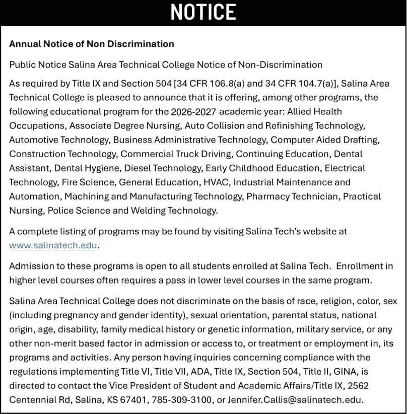 Public notice 932 Salina Tech Ann. NCS published in the Salina311 Newspaper on August 9, 2026, page 1